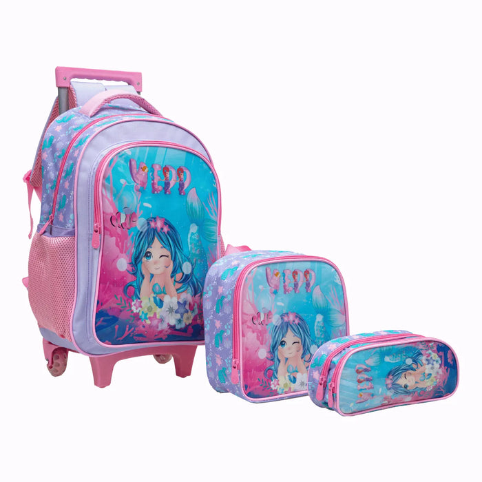 Kit Mochila de Rodinhas Sereia Feminina Lilás Yepp com Lancheira e Estojo