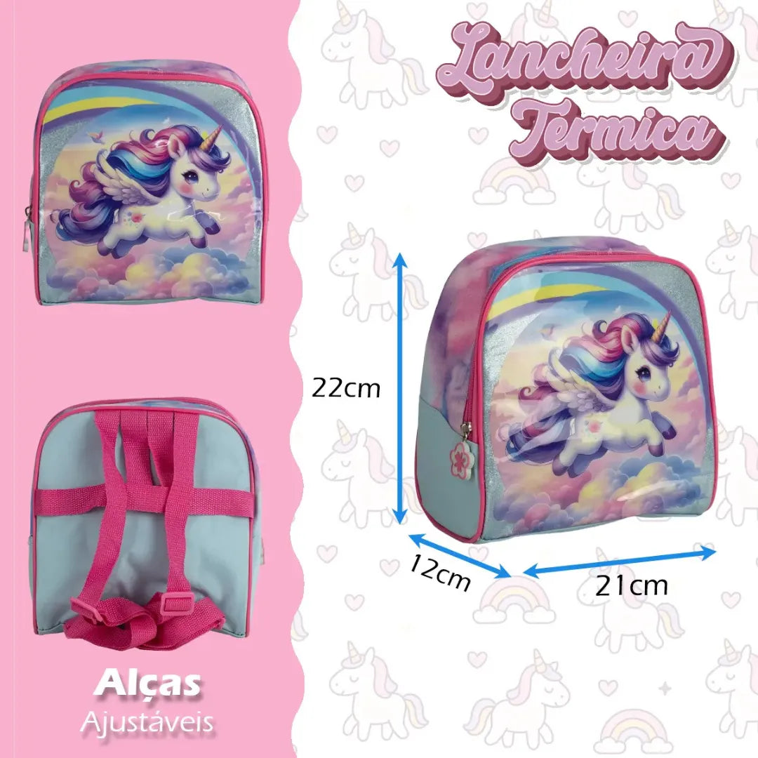Kit Mochila de Rodinhas Pônei Rosa Nova Rio 4 Peças