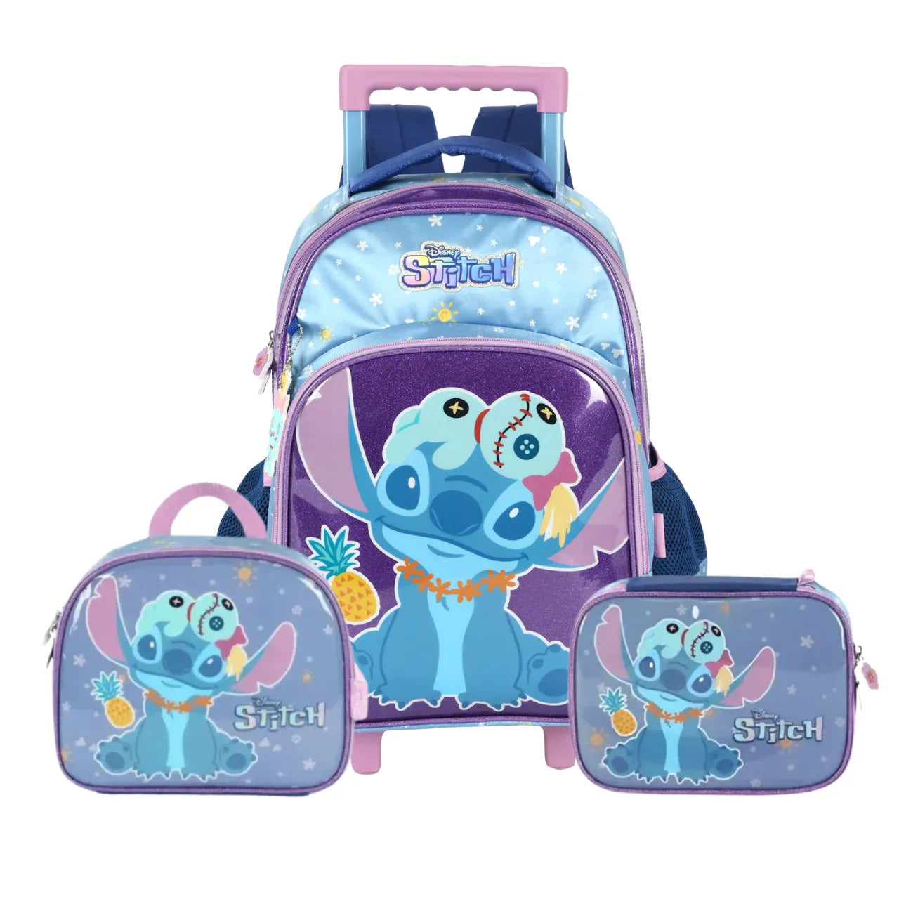 Kit Mochila Rodinha Stitch Violeta com Lancheira e estojo