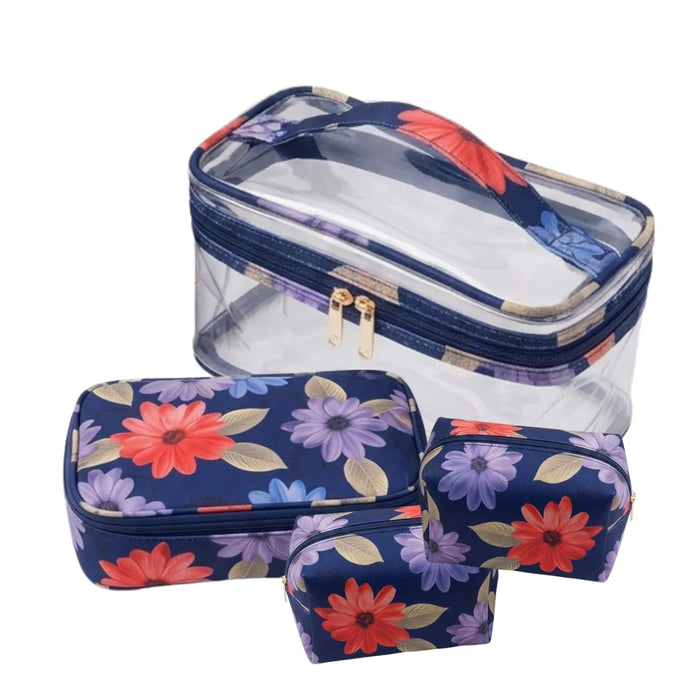 Kit Necessaire 4 Peças Marinho Floral com Zíper Organizador