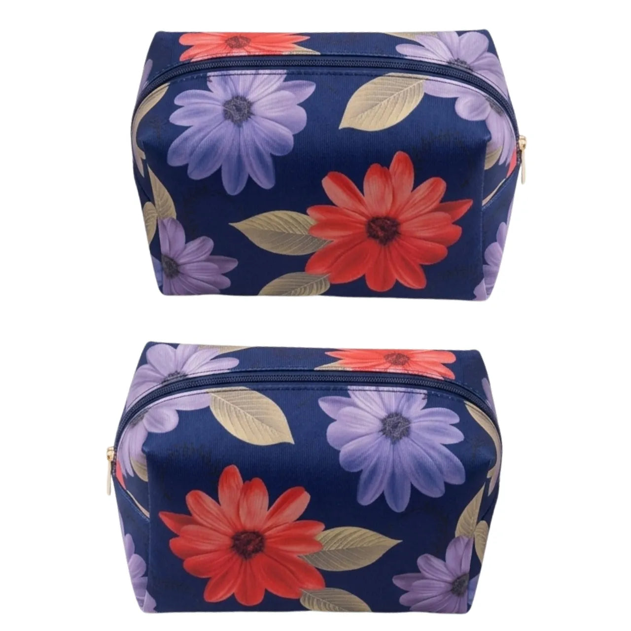 Kit Necessaire 4 Peças Marinho Floral com Zíper Organizador