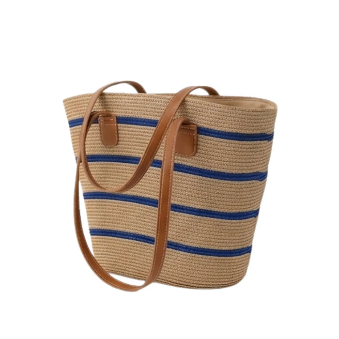 Bolsa Feminina Praia Palha Listrada Ombro Bege e Azul