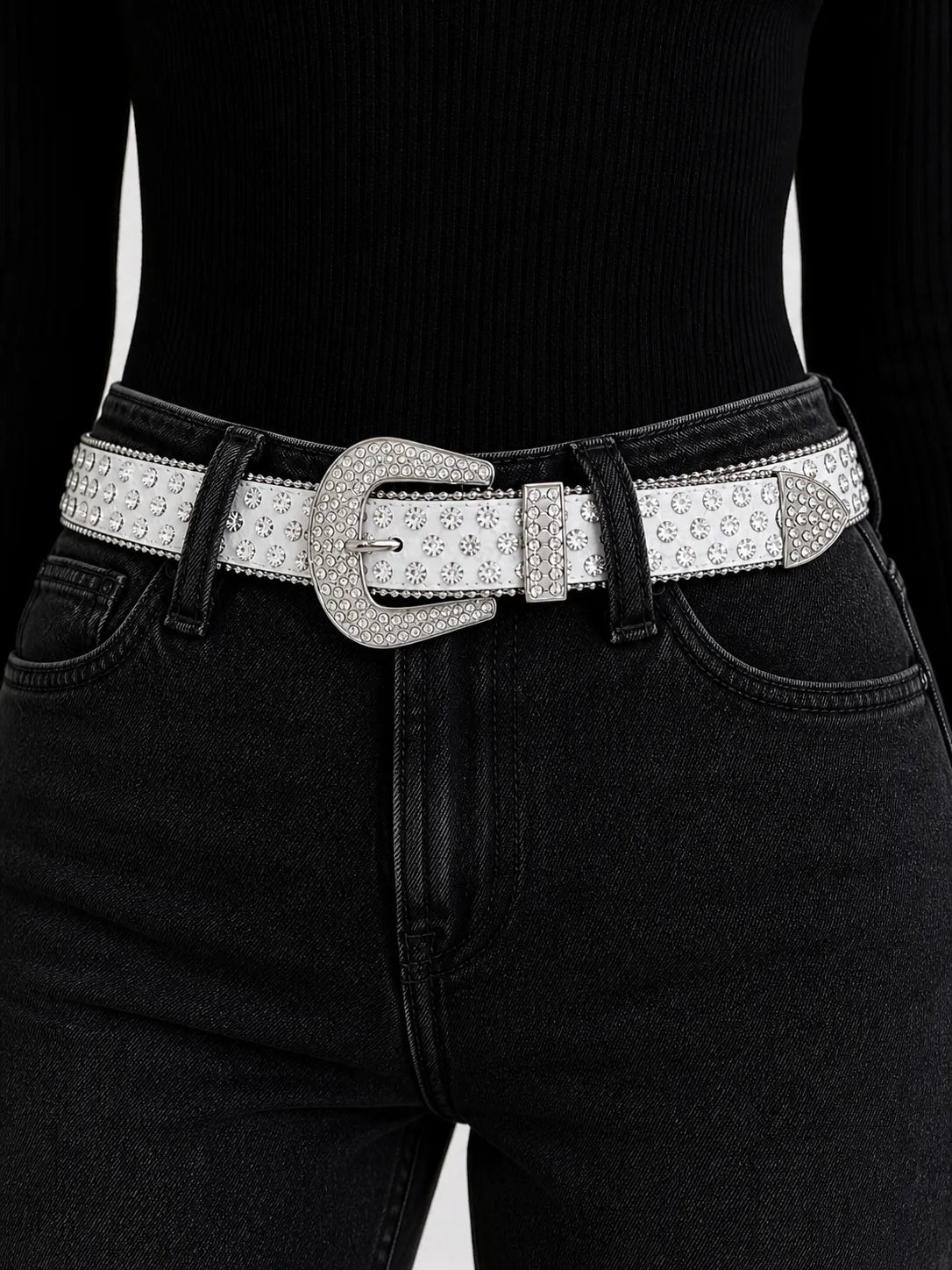 Cinto Feminio Strass Branco Ajustável Estilo Moderno