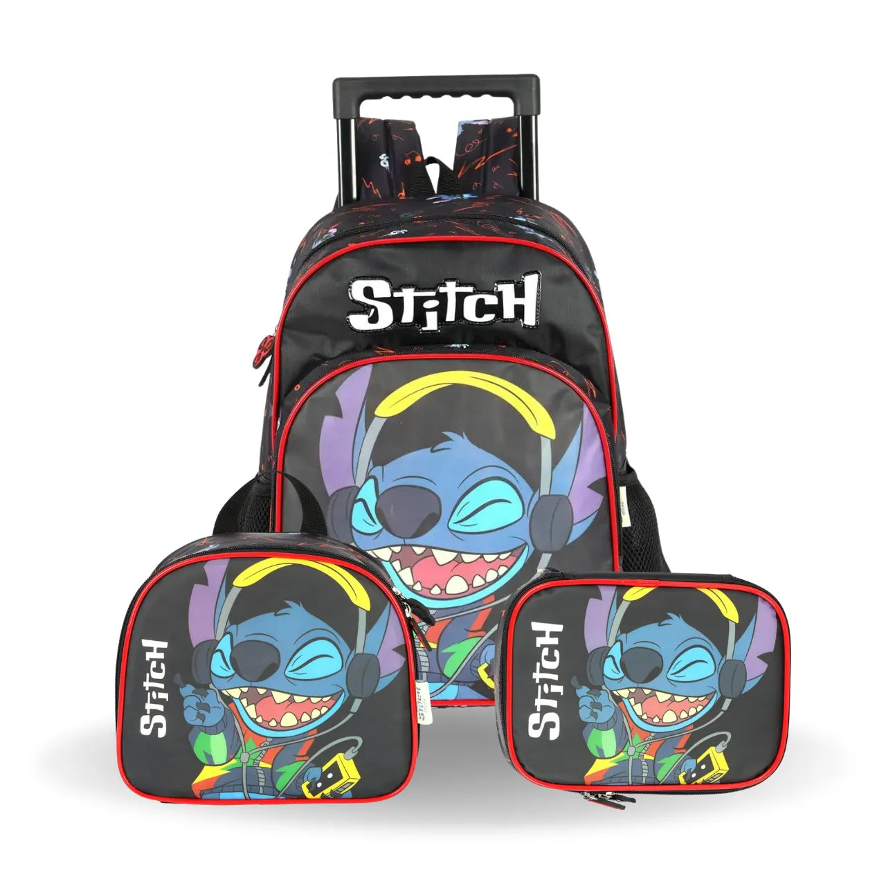 Kit Mochila de Roda Stitch Preto com Lancheira e Estojo Box