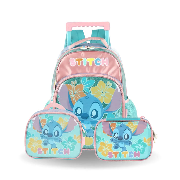 Kit Mochila de Roda Stitch Turquesa com Lancheira e Estojo Box