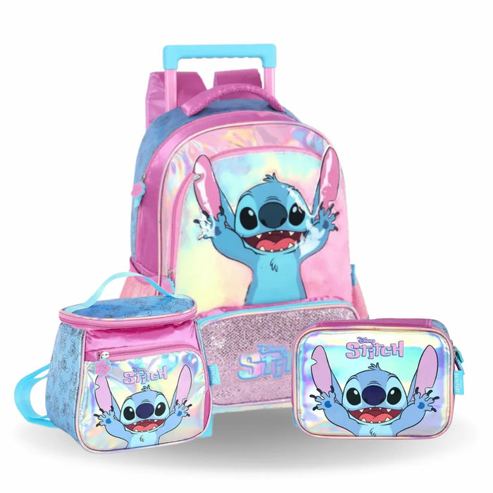 Kit Mochila Rodinha Stitch Roxo com Lancheira e Estojo Box