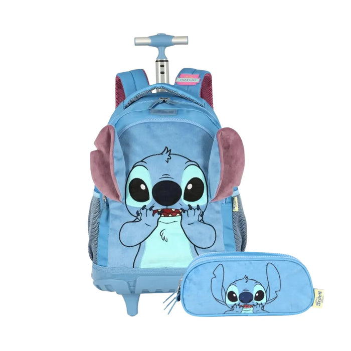 Kit Mochila de Rodinha Stitch Azul com Estojo Triplo