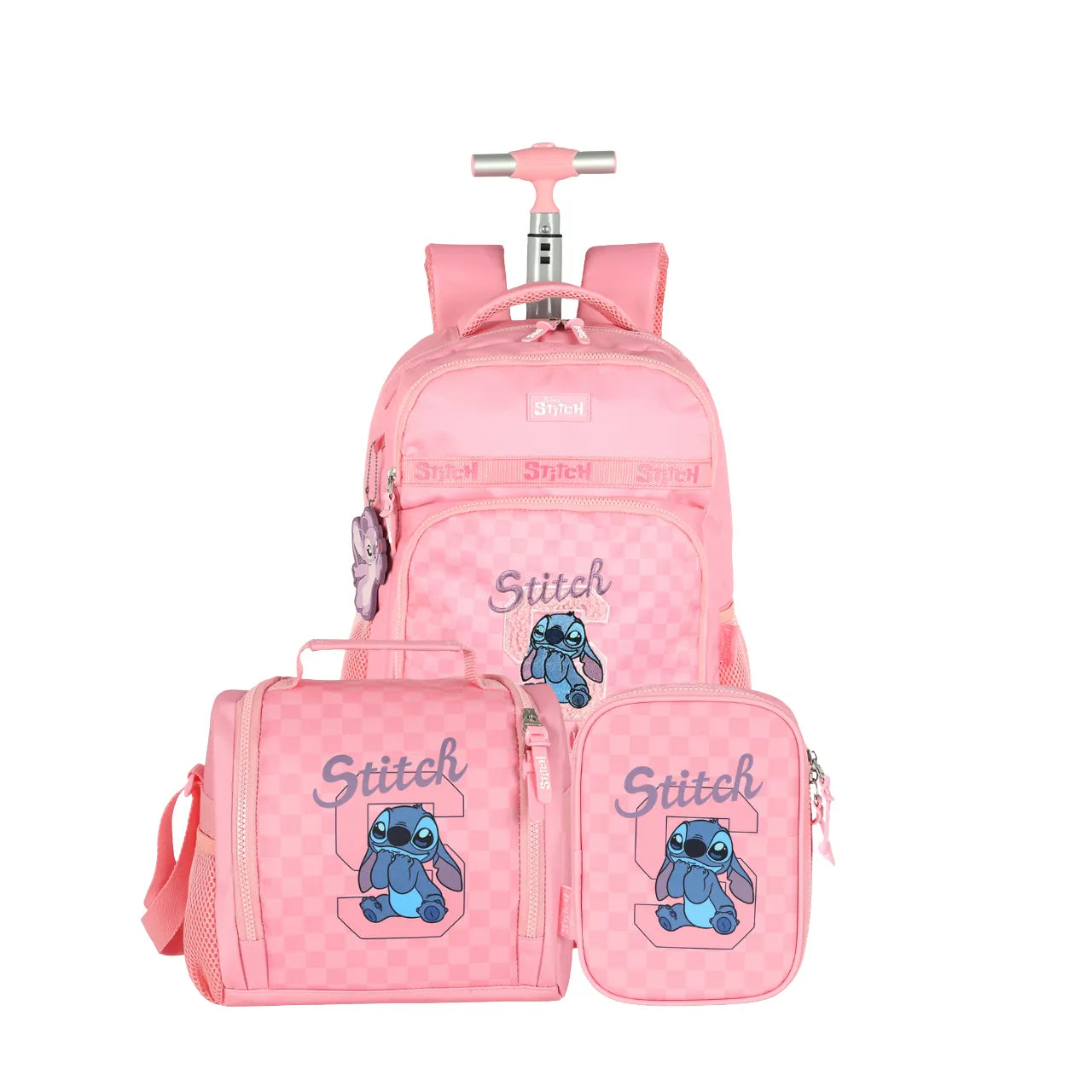 Kit Mochila Roda Stitch Rosa com Lancheira e Estojo Box