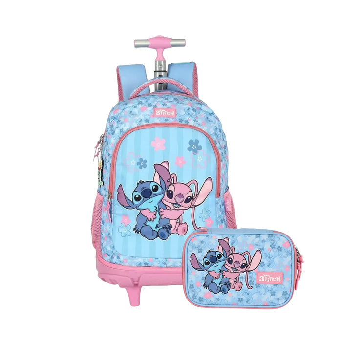 Kit Mochila Roda Stitch e Angel Azul e Rosa com Estojo Box