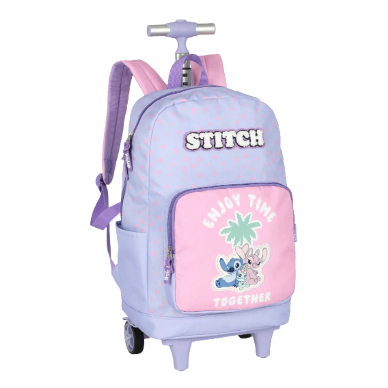 Kit Mochila de Roda Stitch e Angel Lilás com Lancheira e Estojo Box