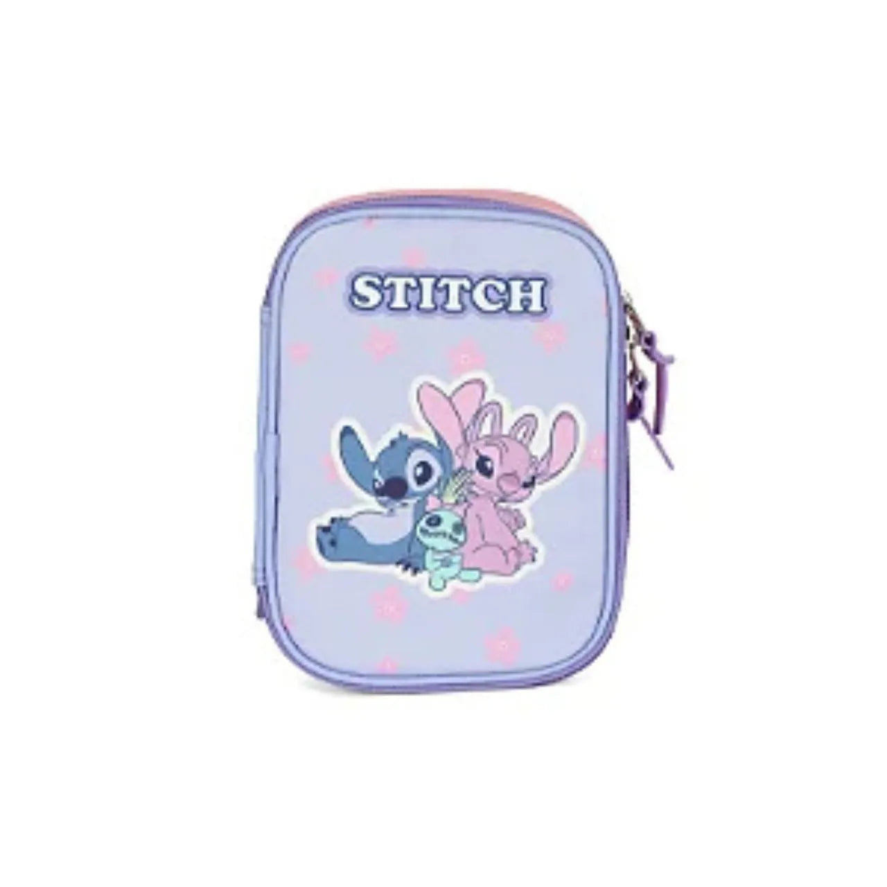 Kit Mochila de Roda Stitch e Angel Lilás com Lancheira e Estojo Box