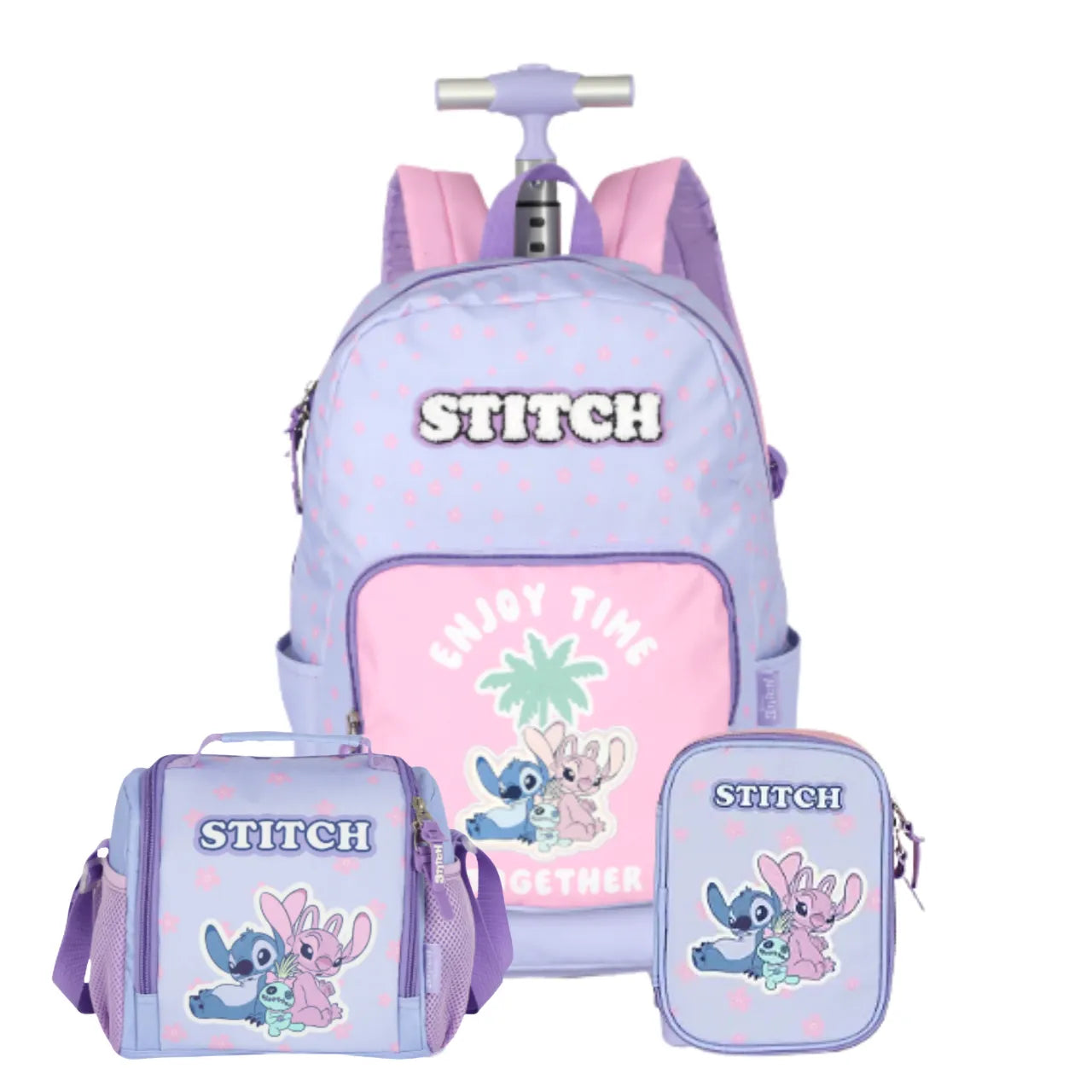 Kit Mochila de Roda Stitch e Angel Lilás com Lancheira e Estojo Box