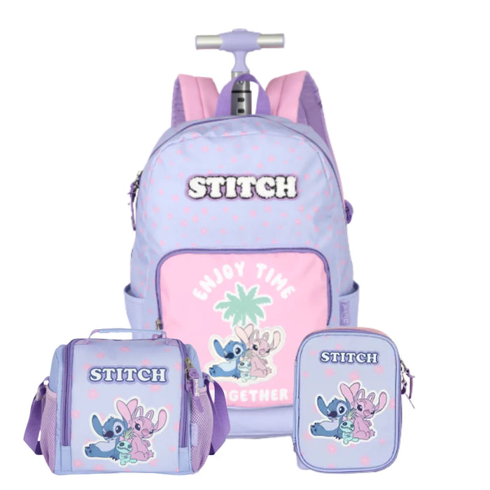 Kit Mochila de Roda Stitch e Angel Lilás com Lancheira e Estojo Box