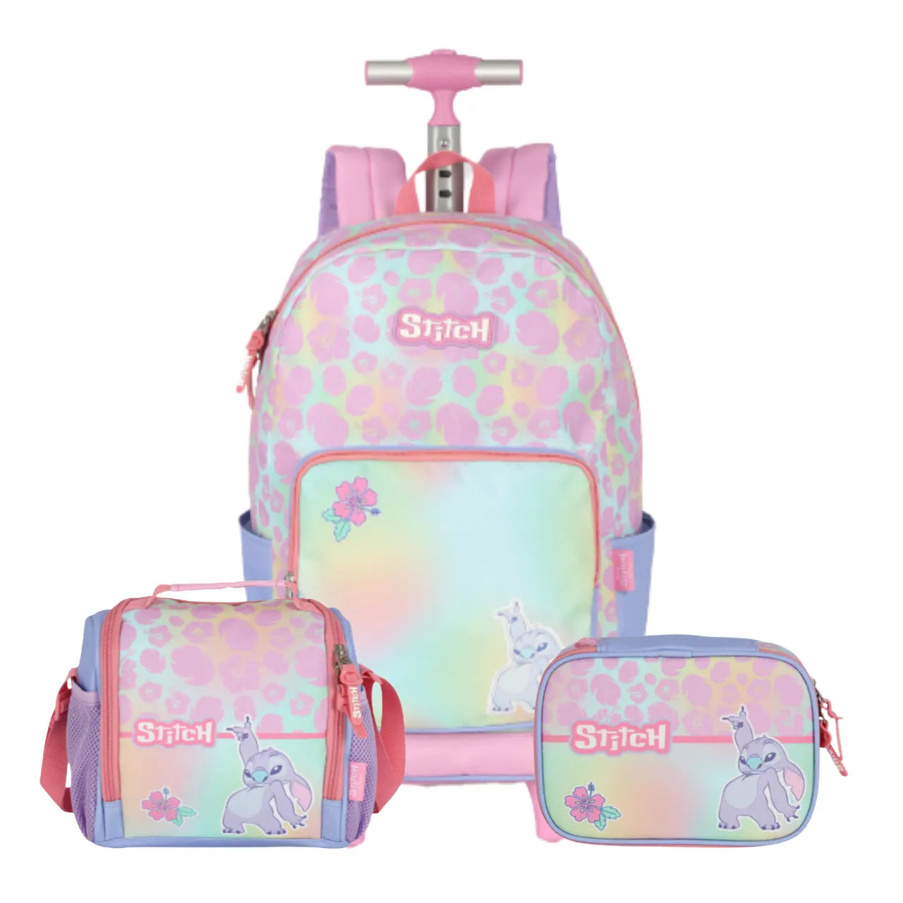 Kit Mochila Roda Stitch Rosa com Lancheira e Estojo Box