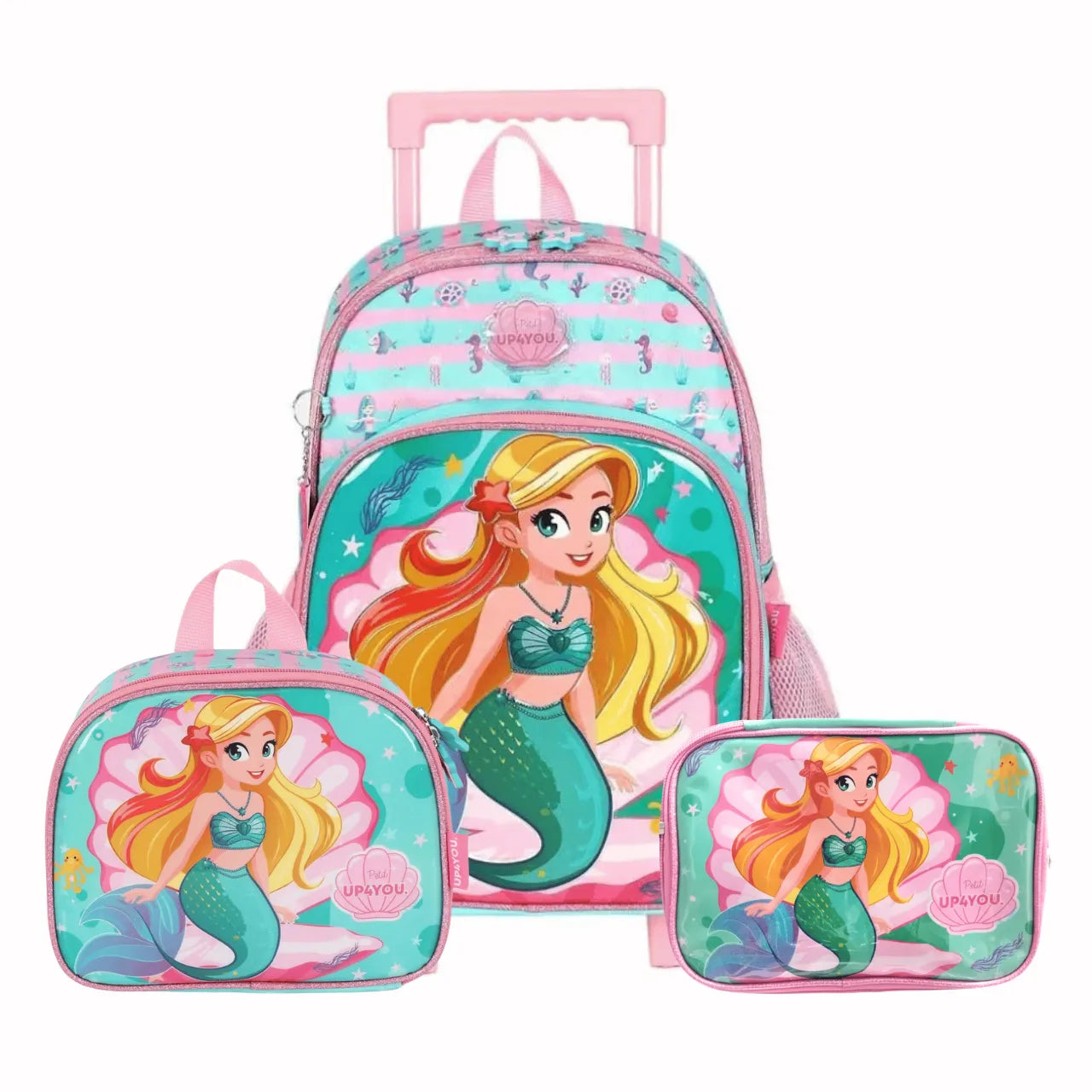Kit Mochila Roda Sereia Verde com Lancheira e Estojo Box