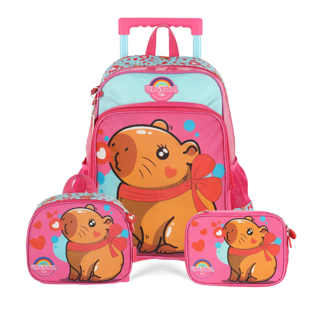 Kit Mochila Roda Capivara Pink com Lancheira e Estojo Box