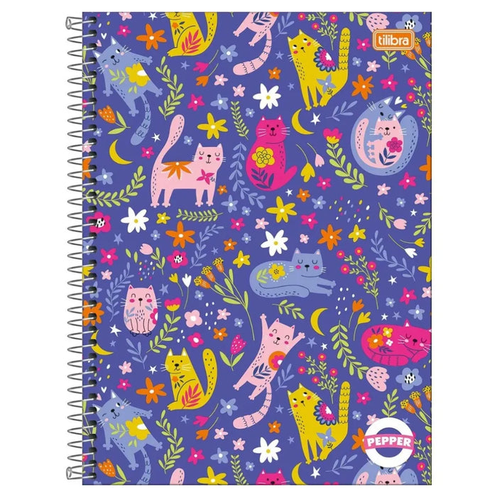 Caderno Universitário Pepper Cats Floral 10 Matérias Tilibra