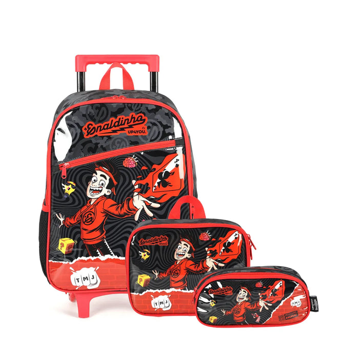 Kit Mochila de Rodas Enaldinho Preto com Lancheira e Estojo