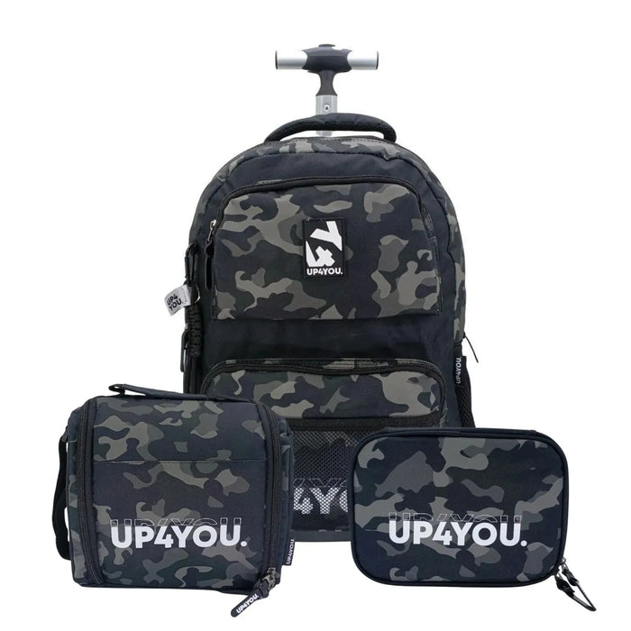 Kit Mochila de Rodas Camuflada Cinza com Lancheira e Estojo