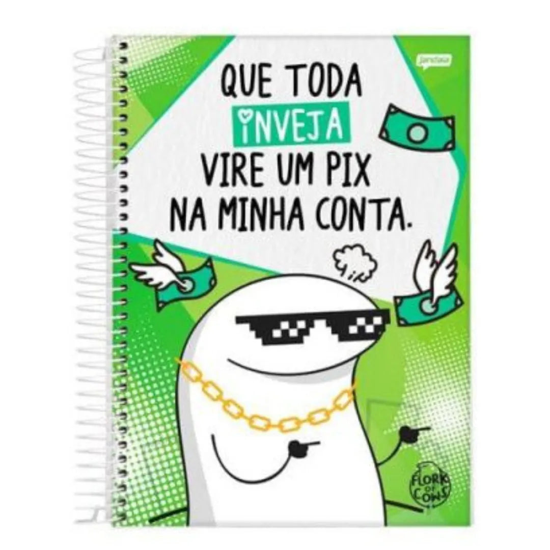 Caderno Espiral Universitário Capa Dura Jandaia Flork Meme Pix Verde 20 Matérias