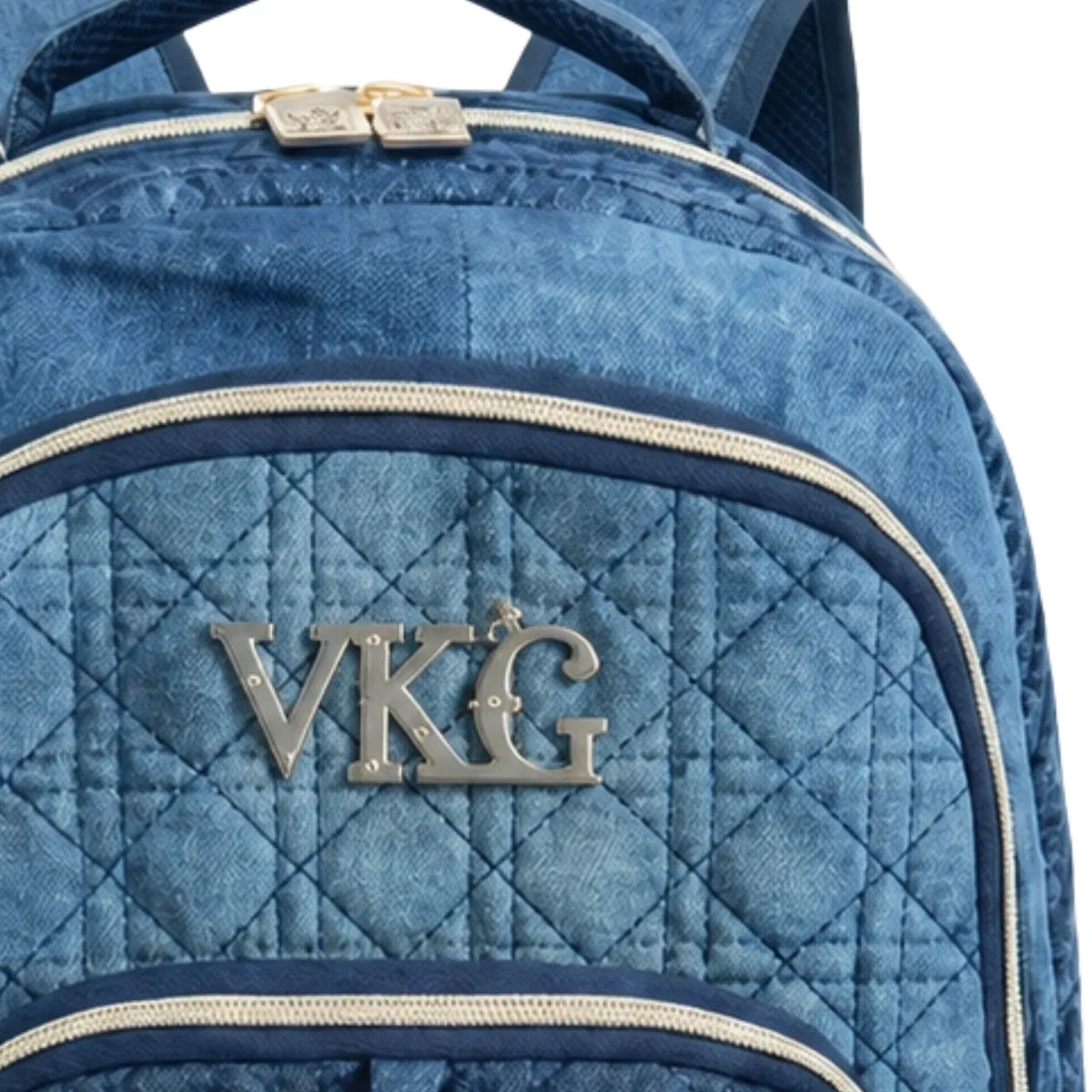 Kit Mochila de Costas Vkg Jeans Azul Bordado com Estojo Box