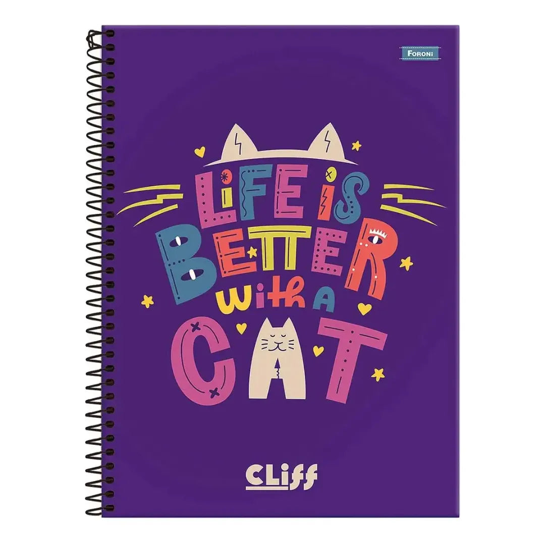 Caderno Universitário Espiral Cliff Foroni Gato Roxo 20 Matérias