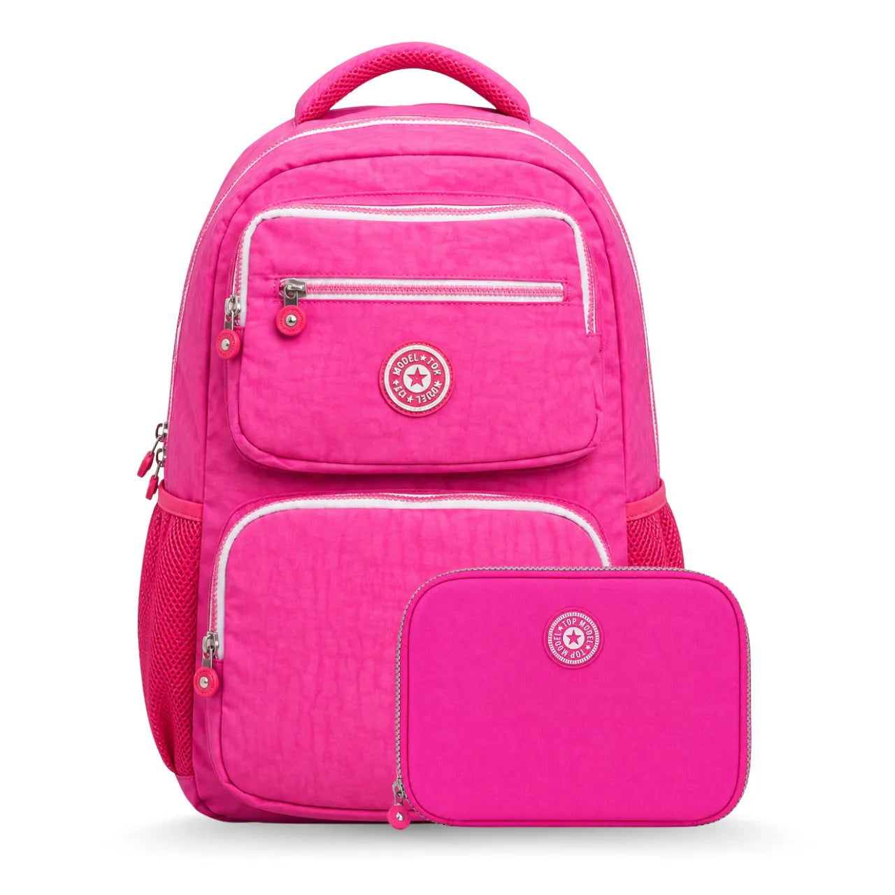 Kit Mochila de Costas Rosa Ponto Verde com Estojo Bo