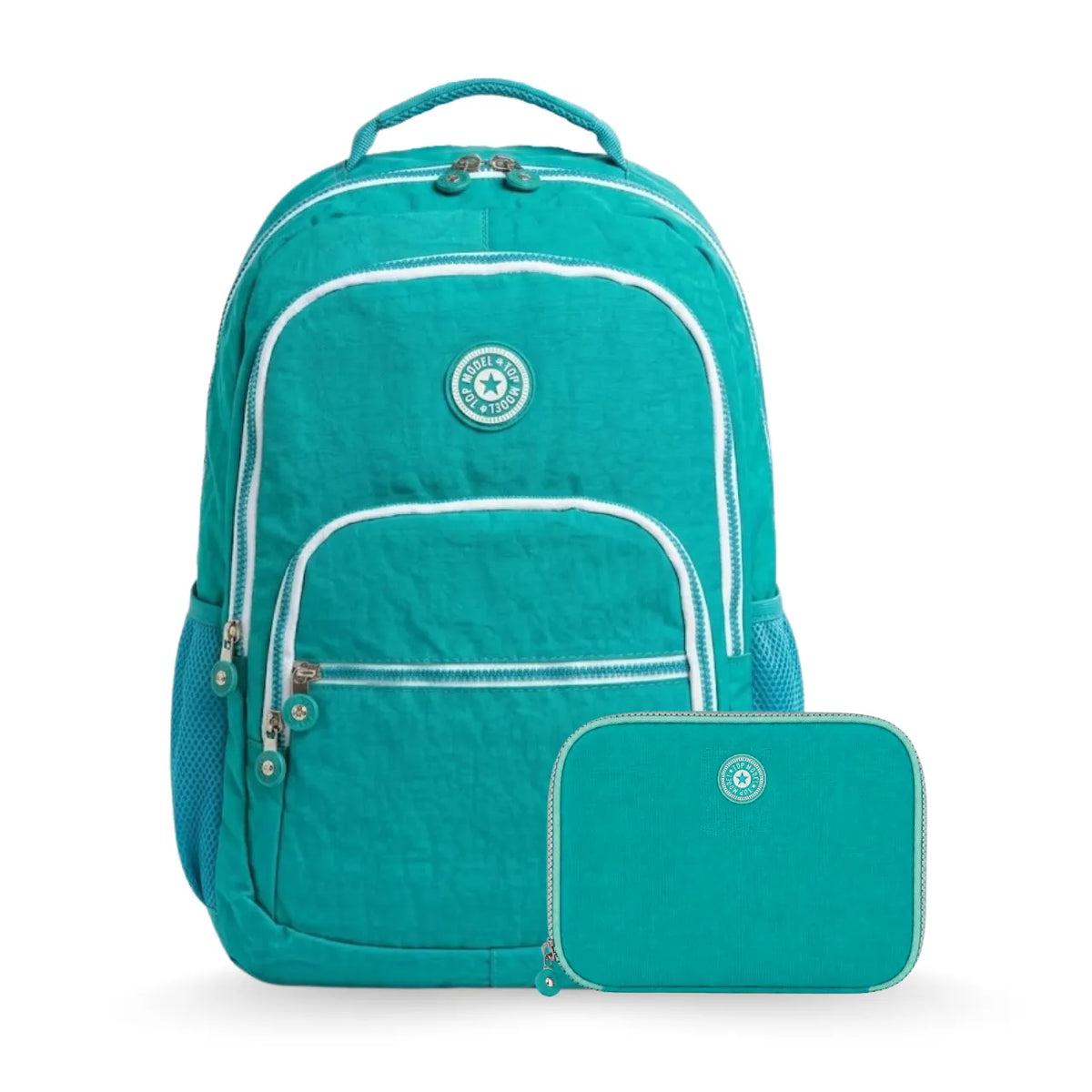 Kit Mochila de Costas Turquesa Ponto Verde com Estojo Box