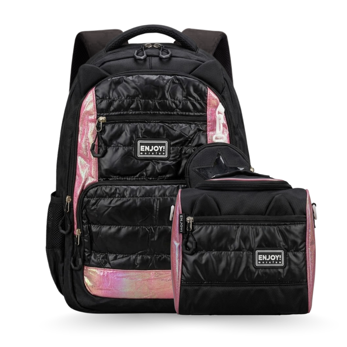 Kit Mochila de Costas Enjoy Preta com Lancheira Térmica