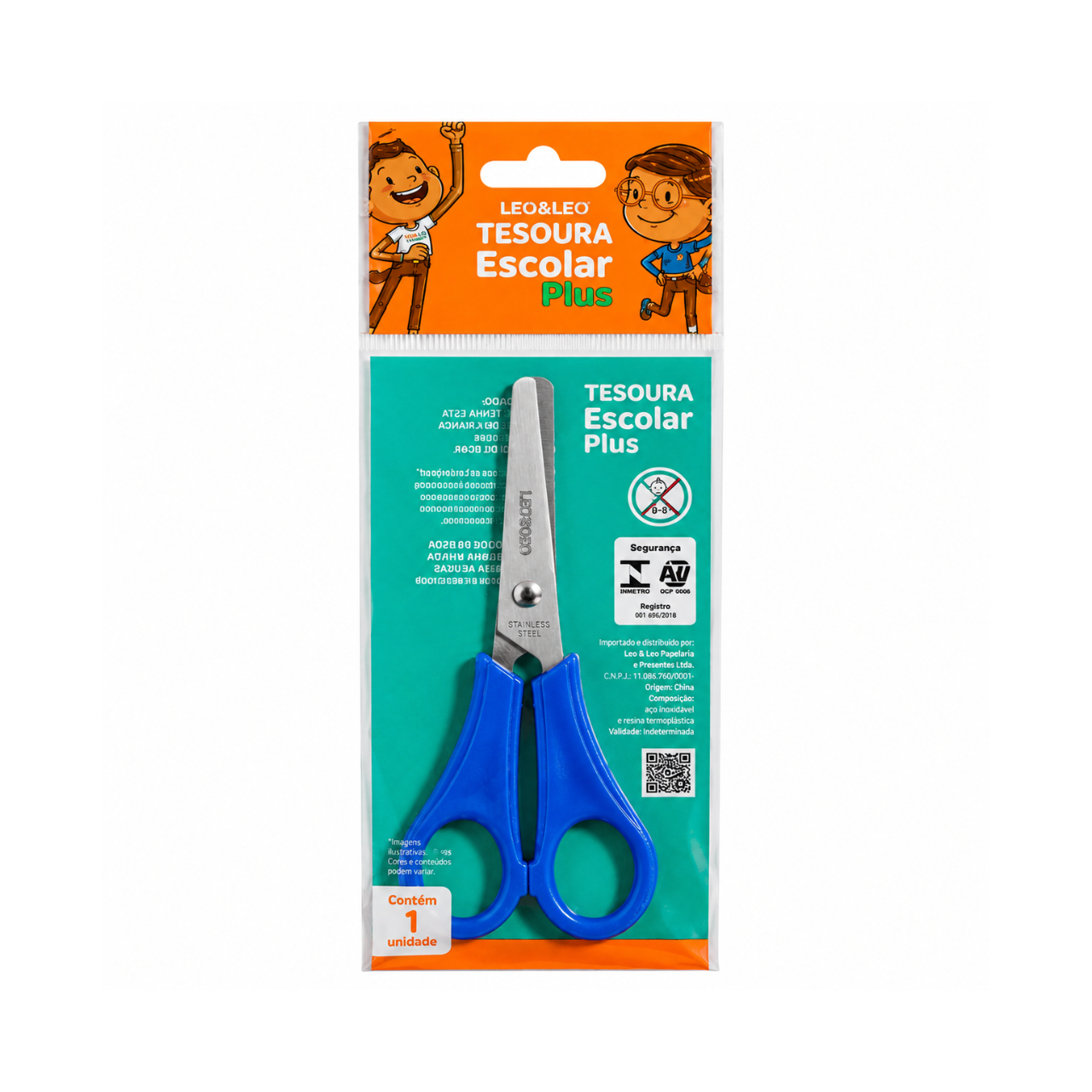 Tesoura Escolar Inox Plus Azul Leo e Leo