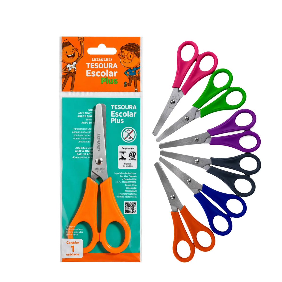 Tesoura Escolar Inox Plus Laranja Leo e Leo