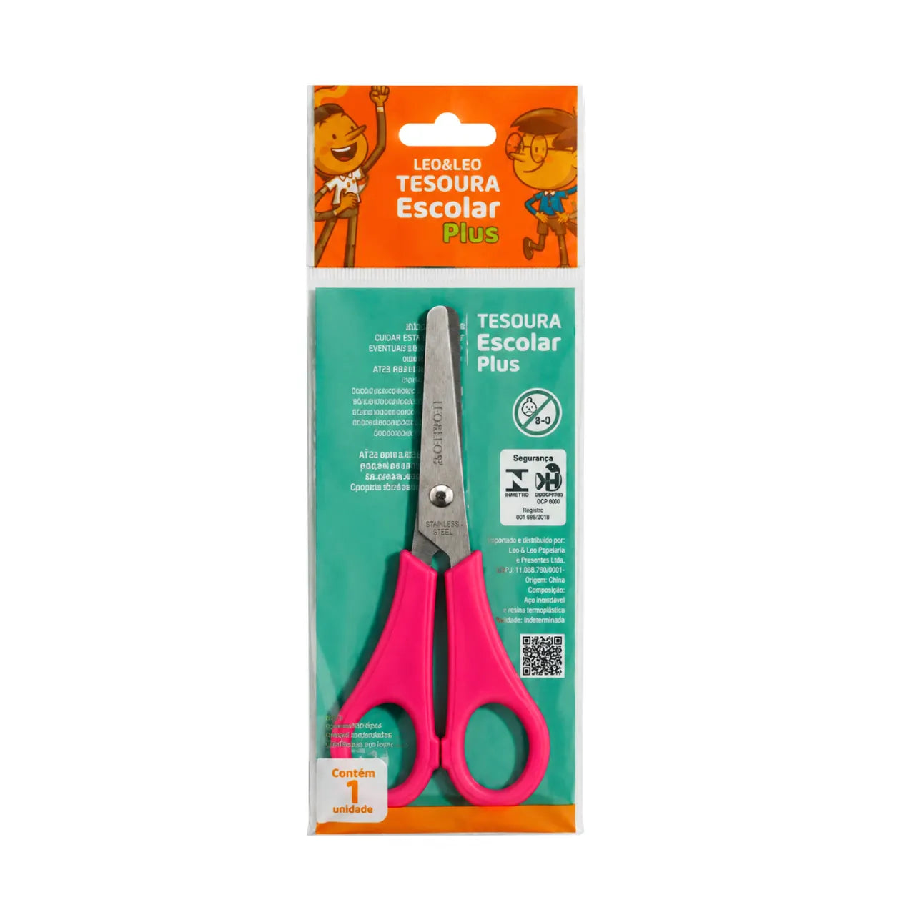 Tesoura Escolar Inox Plus Rosa Leo e Leo