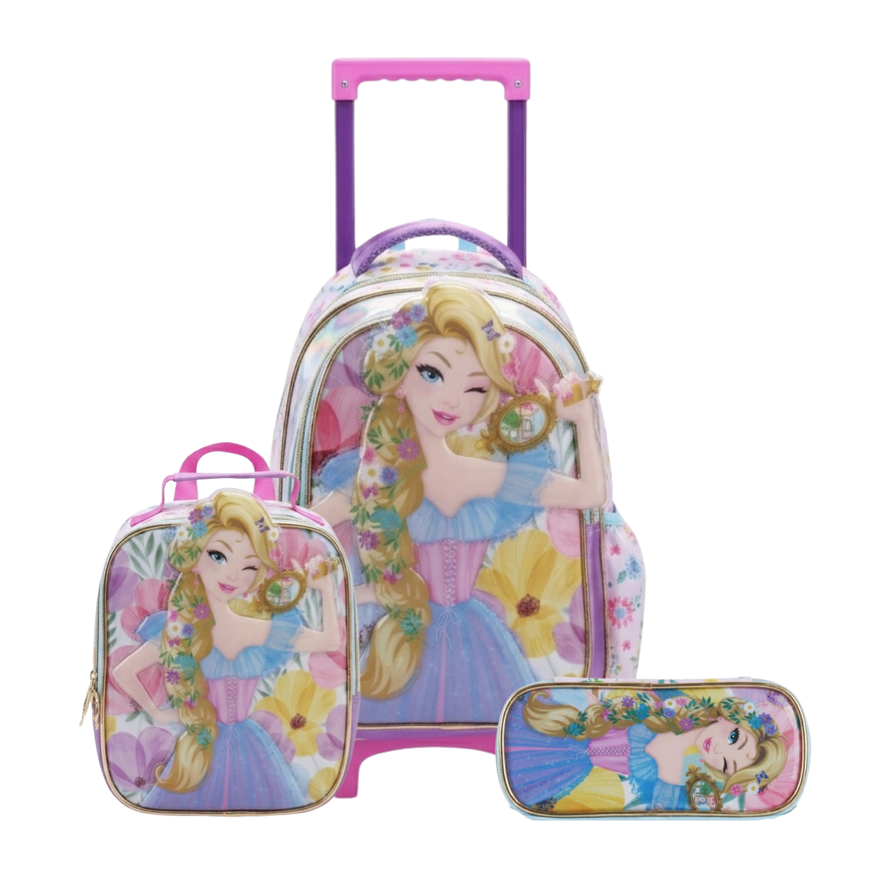 Kit Mochila de Rodas Princesa Espelho com Lancheira e Estojo