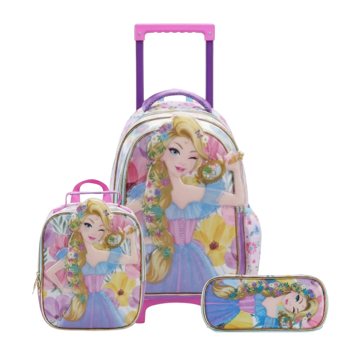 Kit Mochila de Rodas Princesa Espelho com Lancheira e Estojo
