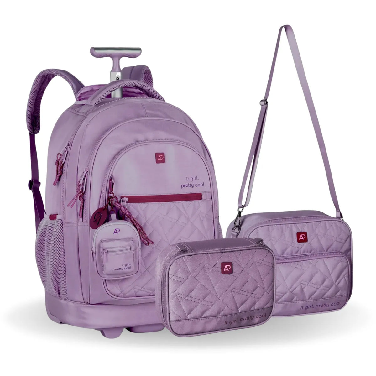 Kit Mochila De Rodas Juvenil Roxa Alice Palucci com Lancheira e Estojo Box