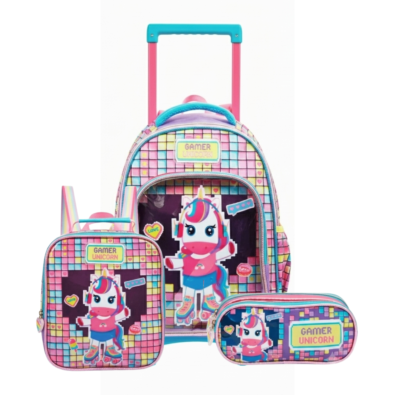 Kit Mochila de Rodas Unicórnio Gamer com Lancheira e Estojo
