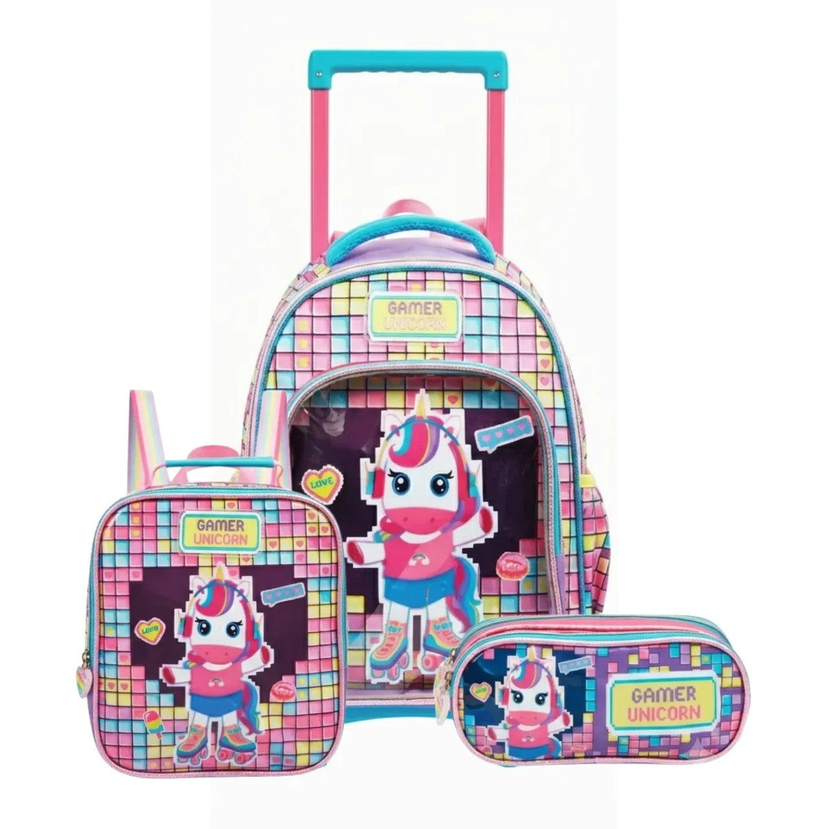 Kit Mochila de Rodas Unicórnio Gamer com Lancheira e Estojo