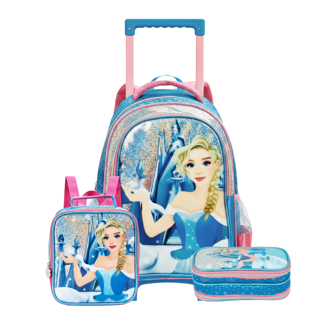 Kit Mochila de Rodas Princesa do Gelo com Lancheira e Estojo
