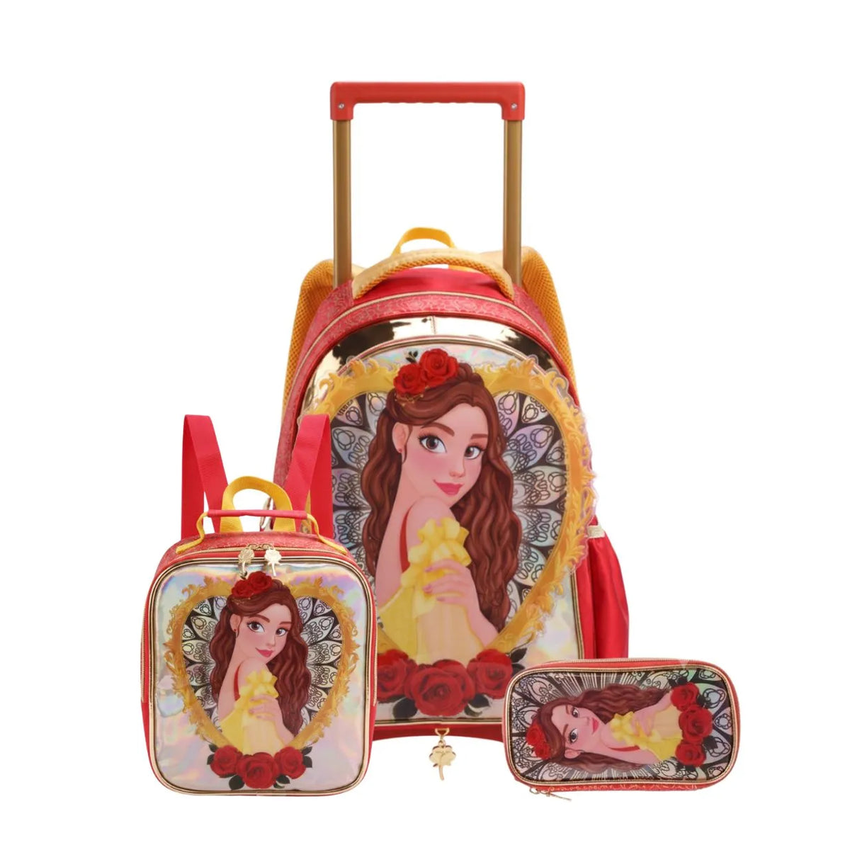 Kit Mochila de Rodas Princesa Flores com Lancheira e Estojo