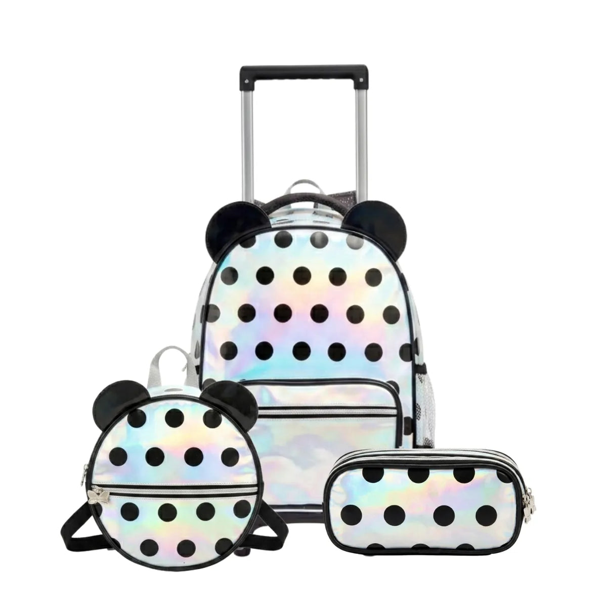 Kit Mochila de Rodas Holográfica com Lancheira e Estojo