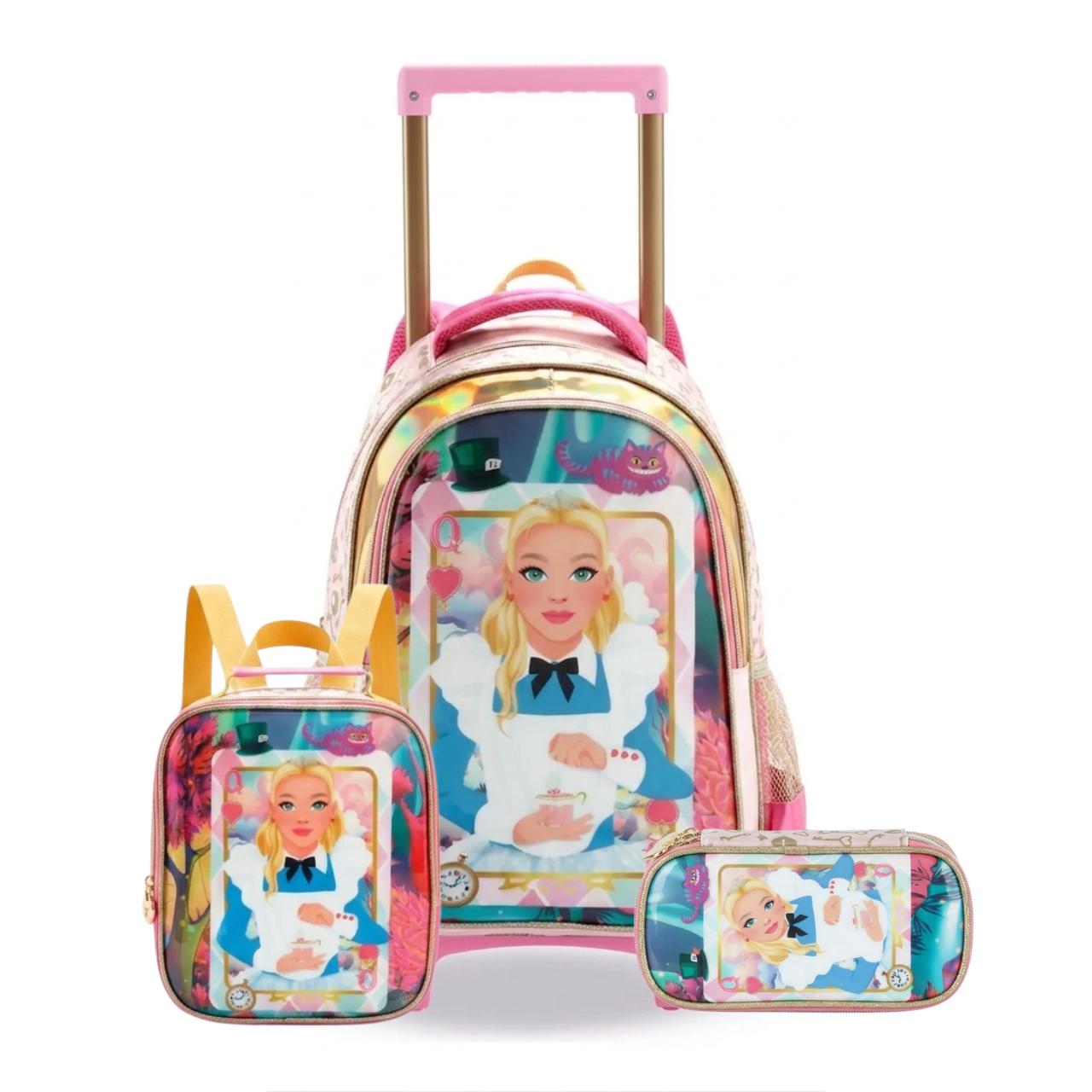 Kit Mochila de Rodas Alice Rosa com Lancheira e Estojo