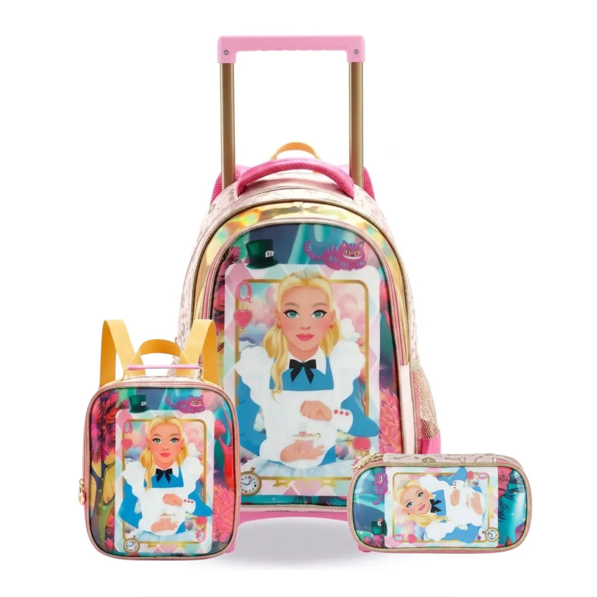 Kit Mochila de Rodas Alice Rosa com Lancheira e Estojo