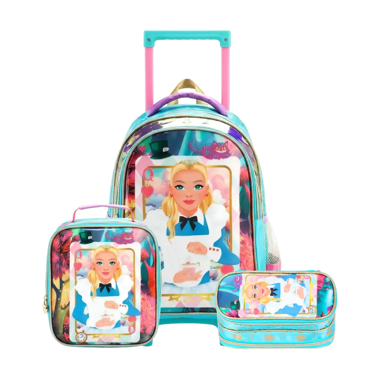Kit Mochila de Rodas Alice Azul com Lancheira e Estojo