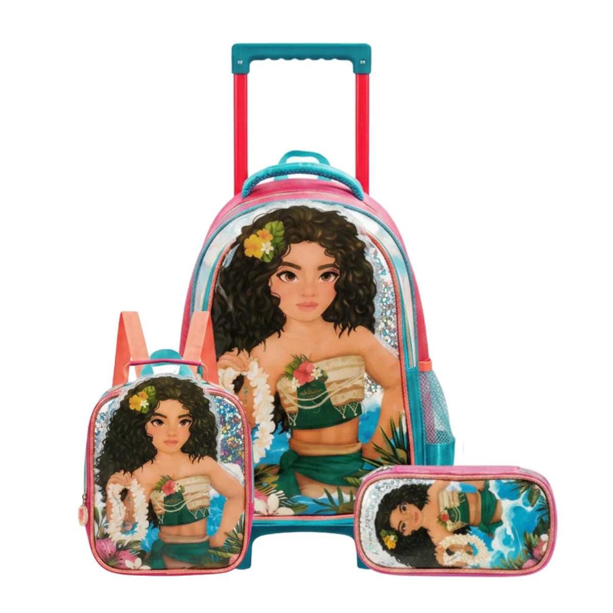 Kit Mochila de Rodas Moana Rosa com Lancheira e Estojo