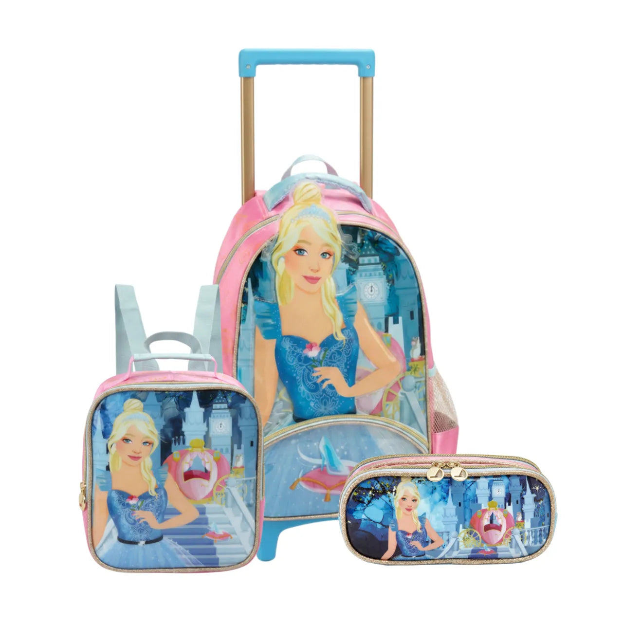 Kit Mochila de Rodas Princesa Azul com Lancheira e Estojo