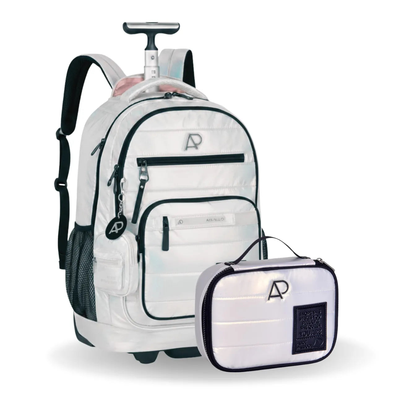 Mochila De Roda Juvenil Metalizado Branco Alice Palucci Com Estojo