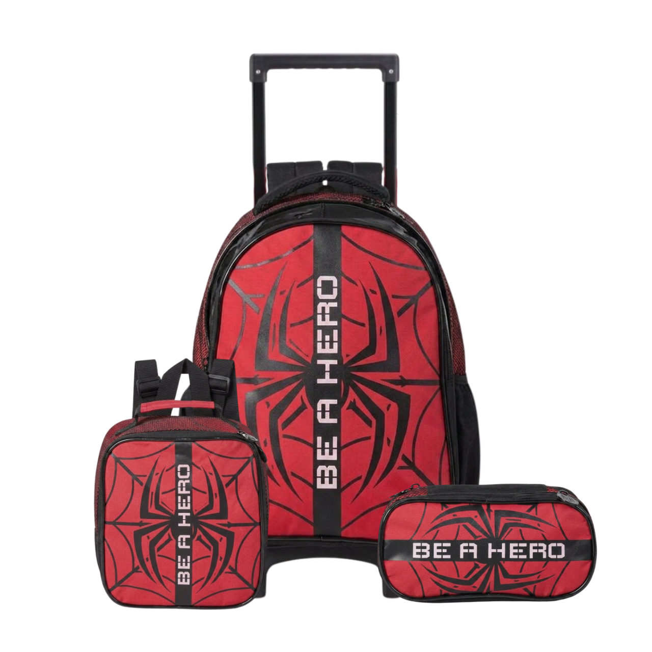 Kit Mochila de Rodas Aranha Vermelho com Lancheira e Estojo
