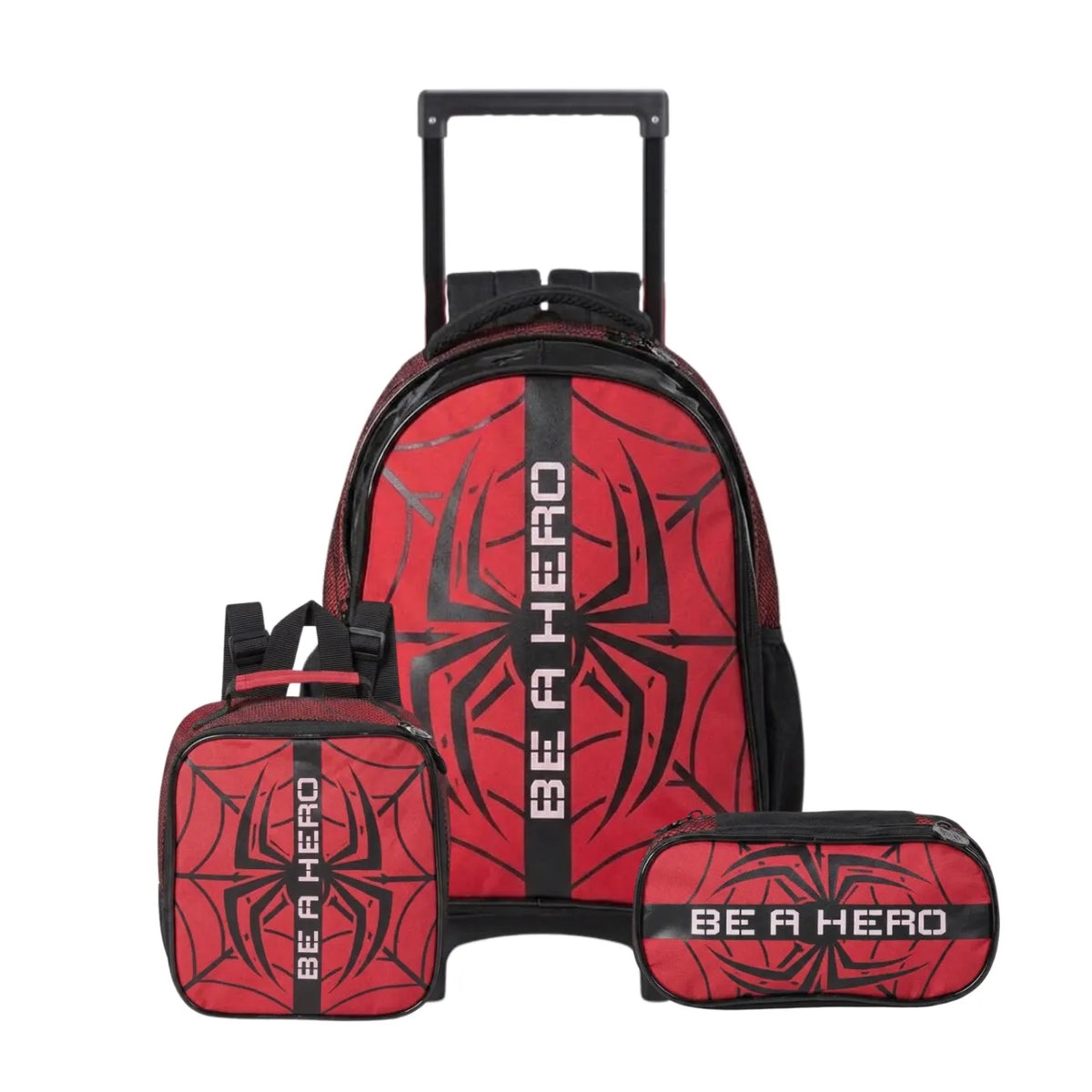 Kit Mochila de Rodas Aranha Vermelho com Lancheira e Estojo