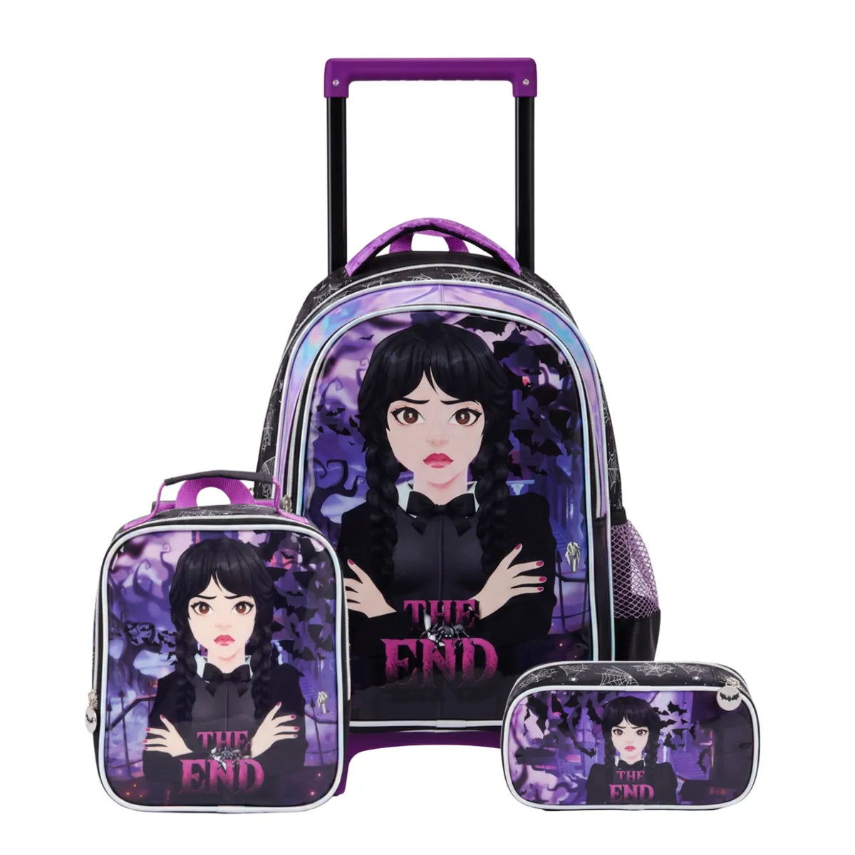 Kit Mochila de Rodas Wandinha Roxa com Lancheira e Estojo