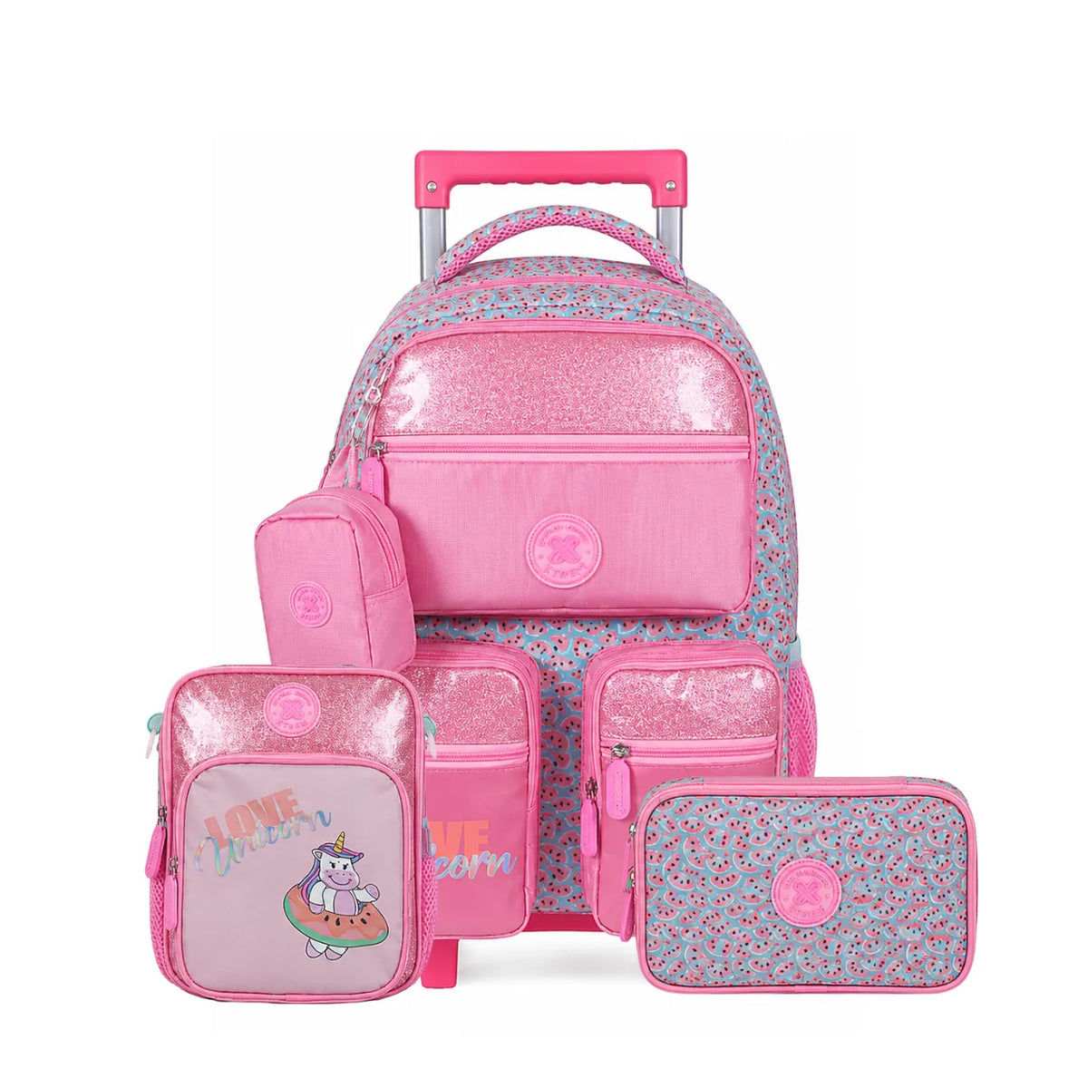Kit Mochila de Rodas Love Unicorn com Lancheira e Estojo